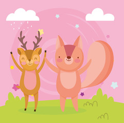 Obraz na płótnie Canvas happy cute squirrel and deer in the field cartoon
