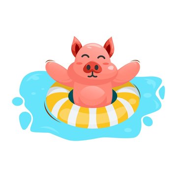 ADORABLE PIG SWIMMING WITH RING CARTOON VECTOR