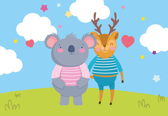 cute little deer and koala grass love hearts cartoon