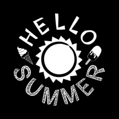 White ice cream and sun on a black background in chalk style. Lettering on the theme of summer and ice cream. The phrase 