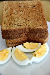 Whole wheat slice toasted bread with sliced boiled egg on the white plate for breakfast
