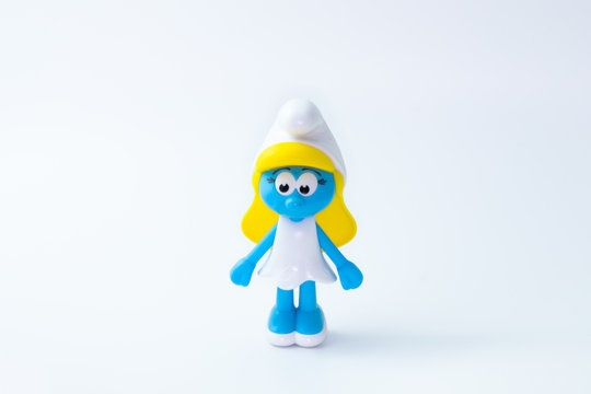 Kouvola, Finland - 23 January 2020: Smurfette a female Smurfs toy figure model character from The Smurf movie. There are plastic toy sold as part of the McDonald's Happy meals.