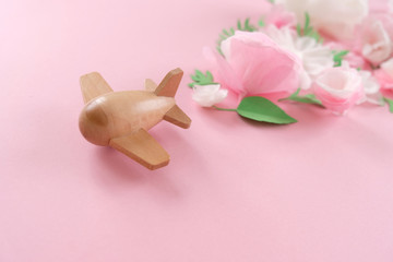 small wooden toy airplane lucky by flower