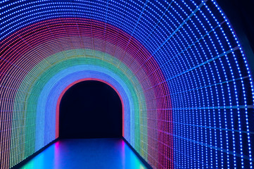 Interior view of tunnel with illuminated LED light - obrazy, fototapety, plakaty