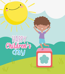 happy childrens day, little boy playing in block toy cartoon outdoors