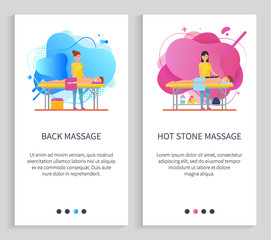 Facial massage vector, hot stone technique using natural components and lotions, creams and oils, body treatment, specialist masseuse clients. Website or slider app, landing page flat style