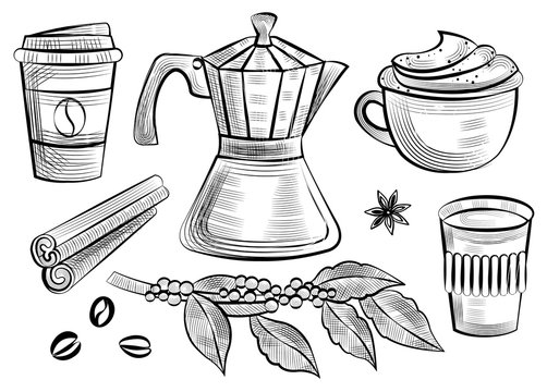 Moka pot and plastic cup for coffee take out vector, isolated monochrome sketches outline set. Cinnamon stick and bean with leaves on branches cappuccino