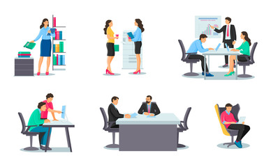 Fototapeta na wymiar Business people characters workplace. Group people colleagues employees them business meeting in office, teamwork, discussion, training employees, meeting on coffee break cartoon vector illustration