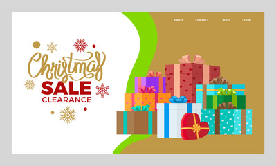 Christmas shopping and gifts stack website landing page vector. Buying presents on Xmas sale, holiday clearance or discount web banner. Winter off or price reduction Internet site illustration