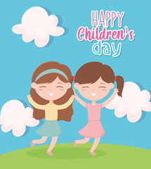 happy childrens day, cute girl hands up celebrating outdoors