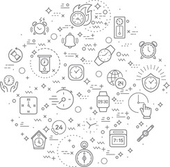 Simple Set of time and clock Related Vector Line Illustration. Contains such Icons as stopwatch, watch, alarm and timer and Other Elements. Modern style line drawing and background color white.