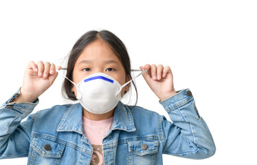Asian  girl wear N95 mask to protect PM 2.5 dust and air pollution