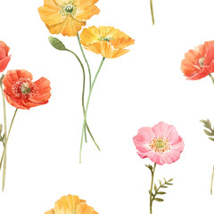 Fototapety  Beautiful vector floral summer seamless pattern with watercolor hand drawn field wild flowers. Stock illustration.