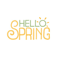 Decorative, hand drawn lettering HELLO SPRING with a stylized sun. Yellow, green and white illustration. Hand draw, vector lettering calligraphy.