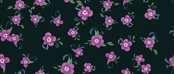 Fototapeta na wymiar Seamless pattern with colorful hand drawn flowers. Original textile, wrapping paper, wall art surface design. Vector illustration. Floral simple minimalistic graphic design