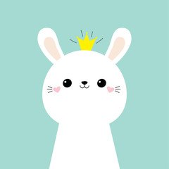 Rabbit bunny face head icon. Kids print for poster, t-shirt. Cute kawaii hare animal. Golden crown. Cartoon funny baby character. Love. Scandinavian style. Flat design. Blue background.