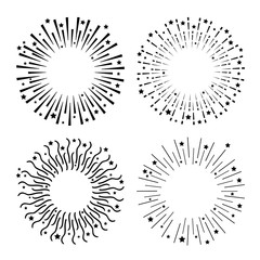 Festive fireworks. Star sparkle sunburst round frame set. Black shine line burst. Merry Christmas. Happy New Year decoration. Cracker light. Firecracker burst. Flat design. White background.