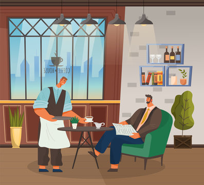 Barista bring cup with coffee for businessman. Man reading newspaper on lunch. Guy sit on soft armchair by table. Place for break and work in cafeteria. Vector illustration of cafe interior in flat