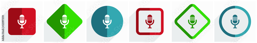 Fototapete microphone icon set, flat design vector illustration in 6 options for webdesign and mobile applicati