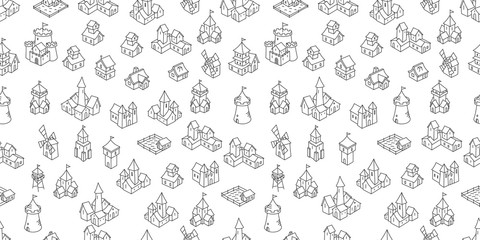 Medieval buildings seamless pattern background. Middle Ages fantasy fortress, house and castle sketch. Hand drawn vector black line icon set. - obrazy, fototapety, plakaty
