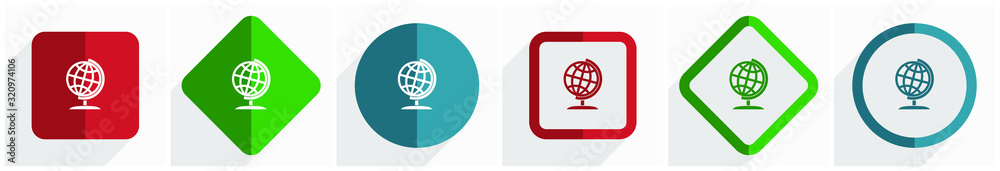 Poster Globe, world, global, map, earth icon set, flat design vector illustration in 6 options for webdesign and mobile applications in eps 10