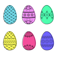 Easter eggs with ornament and colorful silhouette set. Hand-drawn doodle outline elements for decoration of banners, icons and greeting cards. Stock vector illustration isolated on white background.