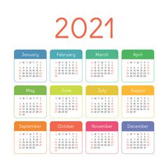 English calendar 2021. Square vector calender design template. Week starts on Sunday. New year