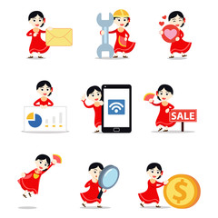 Set character of an elegant woman senorita dancer with smile expression.