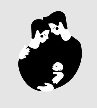Male or female LGBT couple with a child. Gay fathers hugs each other and take care of the child, lesbian family. Icon, logo, sign of the family. Vector illustration isolated on a white background.