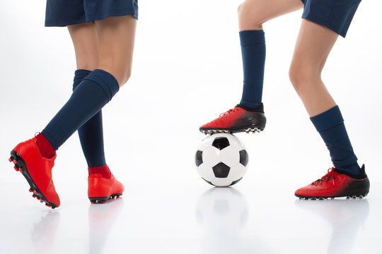 Two Women Playing Soccer Players Isolated On White Background