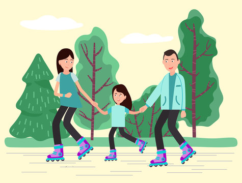 Mother and father with daughter spending active weekend in rollerdrome. People in park for skating. Activity summer vacation or holidays. Man and woman with daughter in forest vector in flat