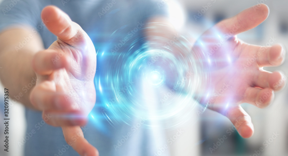 Wall mural businessman creating new futuristic energy power source 3d rendering