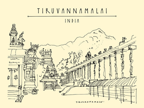 Tiruvannamalai (Tiru), Tamil Nadu, India. Arulmigu Arunachaleswarar Temple (The Annamalaiyar Shiva Temple), Annamalaiyar hill. Artistic drawing. Travel sketch. Vintage hand drawn postcard
