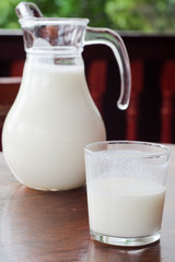 Close up glass of ayran with jug on the background. Traditional oriental turkic sour milk drink in the glass on the table. Kefir
