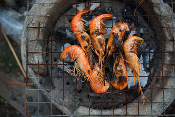 shrimp grilled bbq seafood on stove, outdoor food
