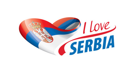 National flag of the Serbia in the shape of a heart and the inscription I love Serbia. Vector illustration