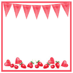 watercolor red flags garland frame, border with berries and hearts.