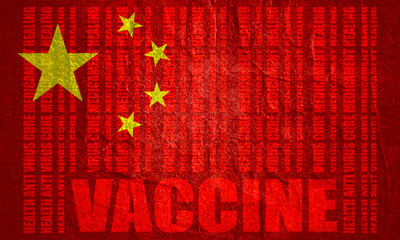 Medical industry, biotechnology and biochemistry. Scientific medical designs. Virus diseases relative theme. Vaccine text and bar code on backdrop. Flag of the China