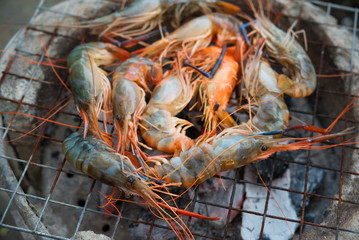 shrimp grilled bbq seafood on stove, outdoor food