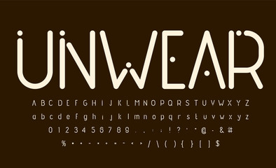 Modern rounded font with dots. Miniamlistic typography style alphabet for tech, futuristic and wear logo, poster and print design. Uppercase, lowercase letters, numbers and symbols