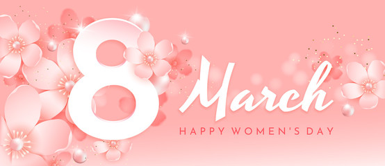 Apple blossom for 8 March (Women's Day).  Flower vector greeting card. Banner for the International Women's Day.