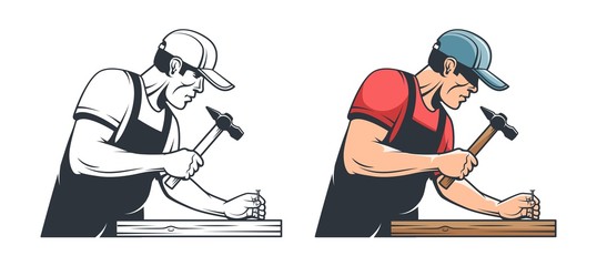 Repairman carpenter hammering a nail - retro illustration. Handyman with hammer - vintage vector image.