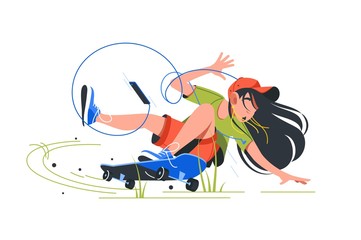 Young disappointed girl fail when riding skateboard using smartphone. © Nataliya Kalabina