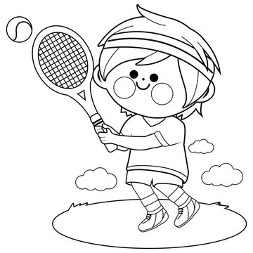 Child Playing Tennis. Vector Black And White Coloring Page