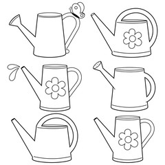 Watering cans set. Vector black and white coloring page © stockakia