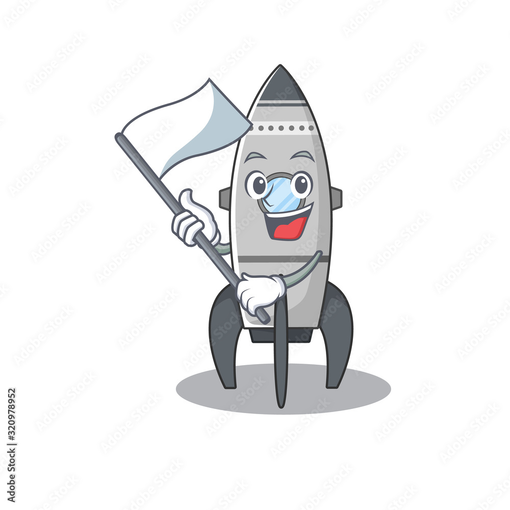 Poster funny rocket cartoon character style holding a standing flag