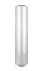 Roll of polyethylene packaging film on a cardboard coil in a vertical position with smooth highlights, isolated on a white background. Side view.