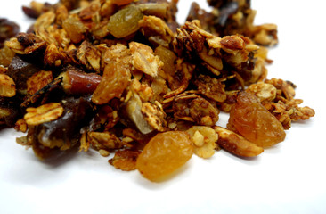 Tasty granola on white.