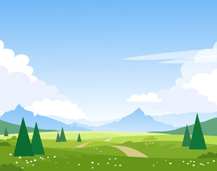Beautiful summer mountain landscape. The road leads through the fields and forest to the mountain peaks. Illustration for tourism design, travel, adventure. Vector.