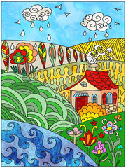 Watercolor  colorful landscape  village illustration with nature views